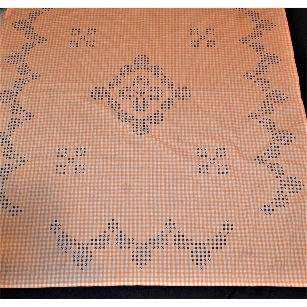 Vintage Tablecloth Orange Gingham Black Cross Stitch